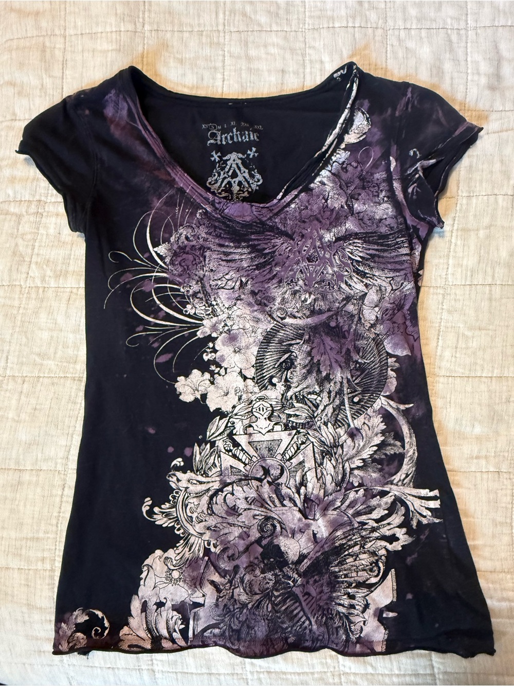 Archaic by Affliction Y2K Gothic Graphic Tee Black Purple Front Back Size S